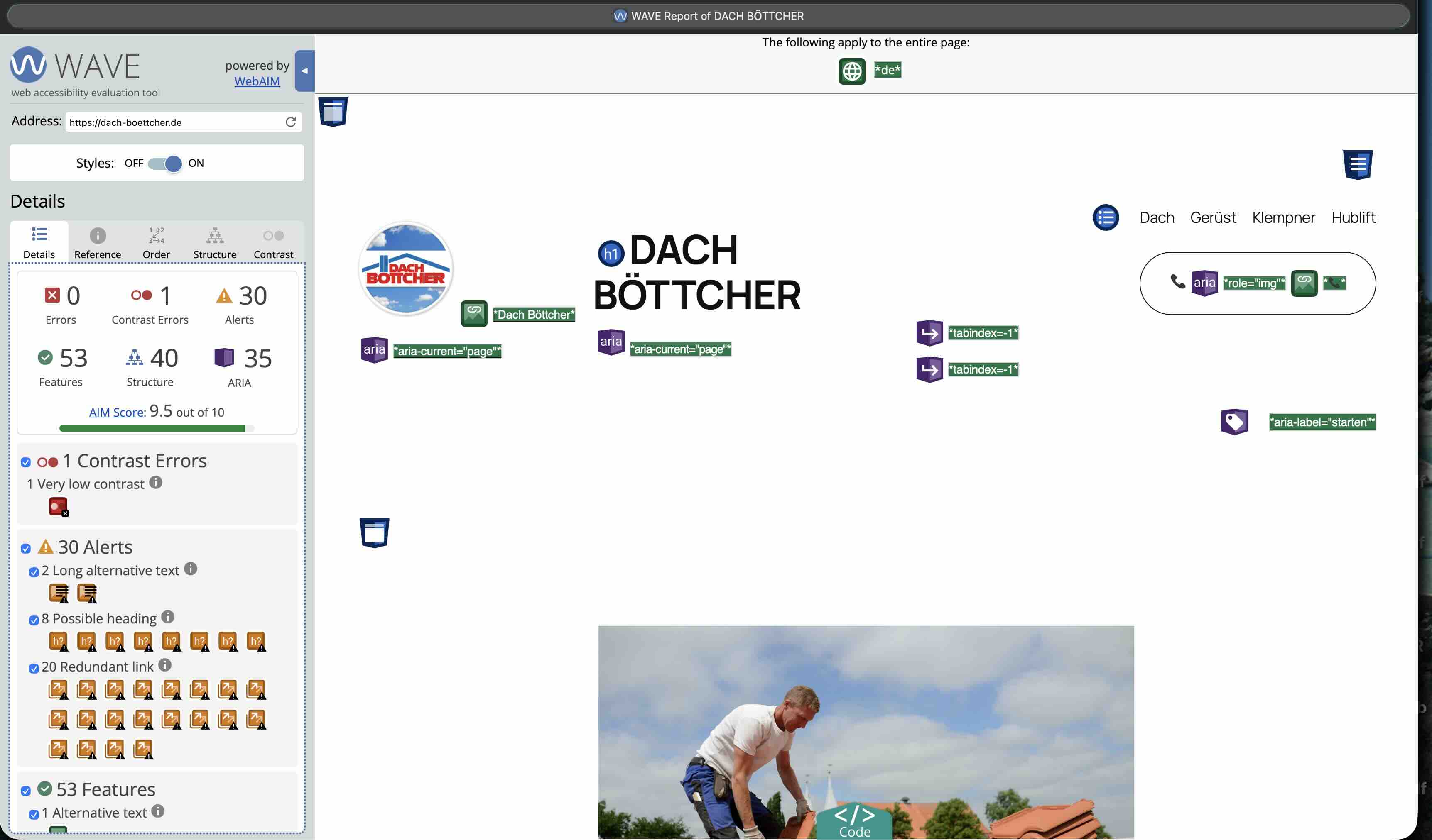 Screenshot der Testseite wave.webaim.org für DACH BÖTTCHER